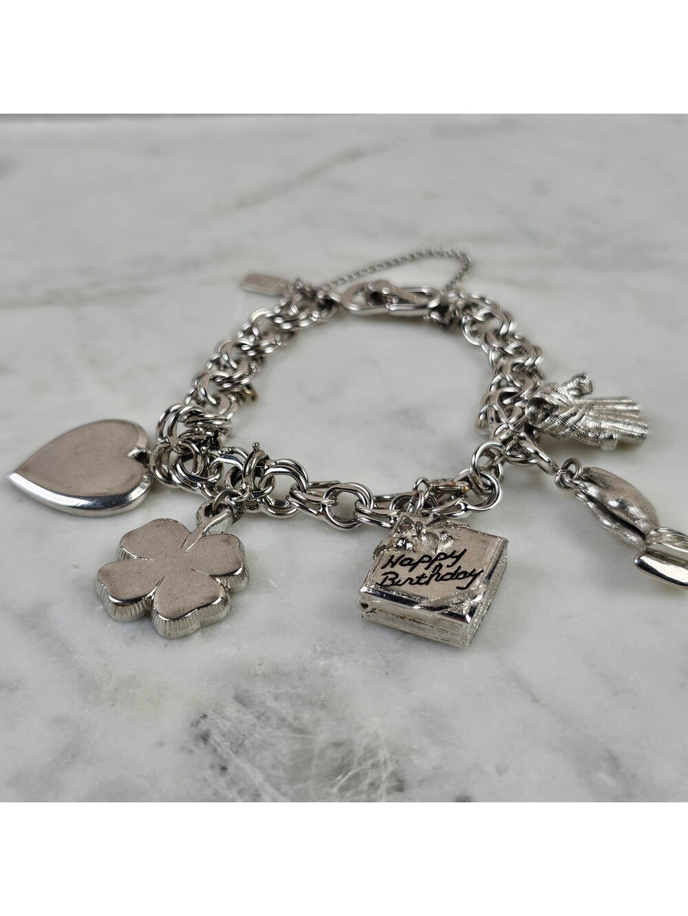 Vintage Monet Silver Tone Happy Birthday Charm Bracelet 7.5 Inch - Picture 2 of 9
